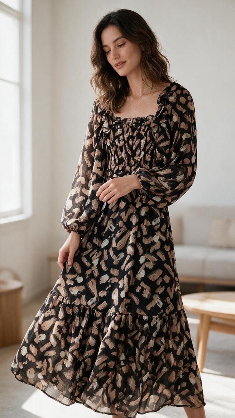 Moon River Abstract Brushstroke Smocked Maxi Dress L